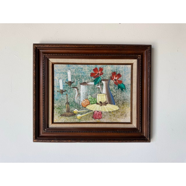 Mid-Century Modern Vintage Lovey Original Still Life Oil Painting on Canvas, Framed For Sale - Image 3 of 10