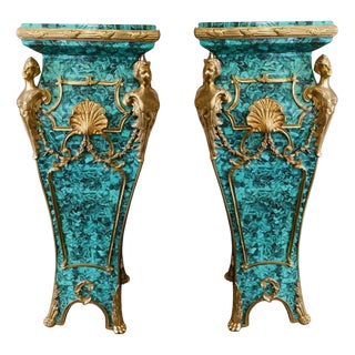 Louis XVI Revival Faux Malachite Pedestal Stands, Set of 2 For Sale