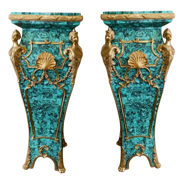 Louis XVI Revival Faux Malachite Pedestal Stands, Set of 2 For Sale