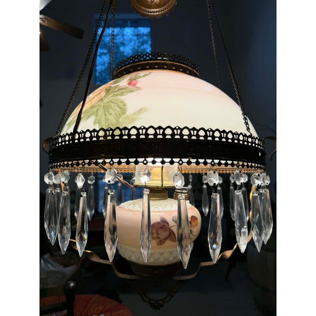 Metal Antique Victorian Floral Painted Glass & Brass Hanging Chandelier With Crystal Prisms For Sale - Image 7 of 16