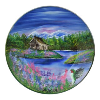 Hand-Painted Alaska Scenic Landscape Metal Display Wall Plate For Sale