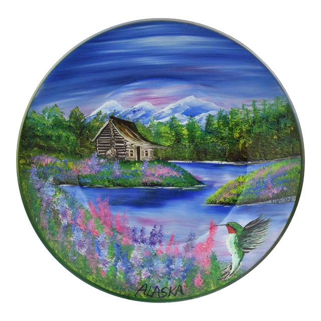 Hand-Painted Alaska Scenic Landscape Metal Display Wall Plate For Sale
