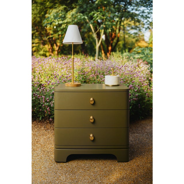 Matthew Izzo Home Fortune Olive Matte Lacquer Three Drawer Side Table With Brass Beetle Knobs For Sale In New York - Image 6 of 11