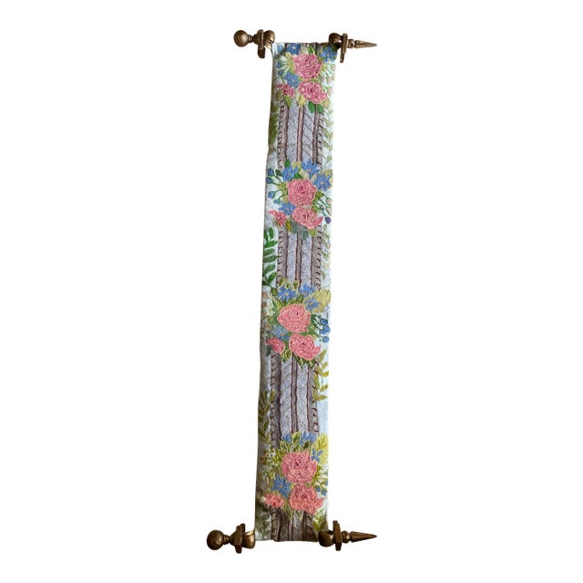 Vintage Floral Needlepoint Hanging With Cast Metal Brackets For Sale