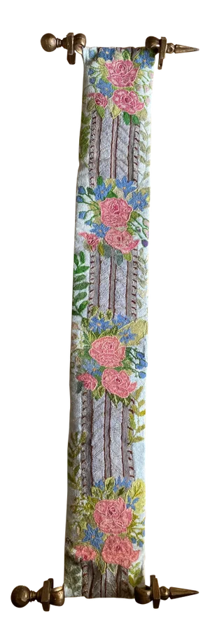 Vintage Floral Needlepoint Hanging With Cast Metal Brackets
