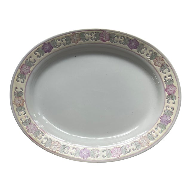 Beautiful Pink Purple Floral Chinese Painted Platter For Sale