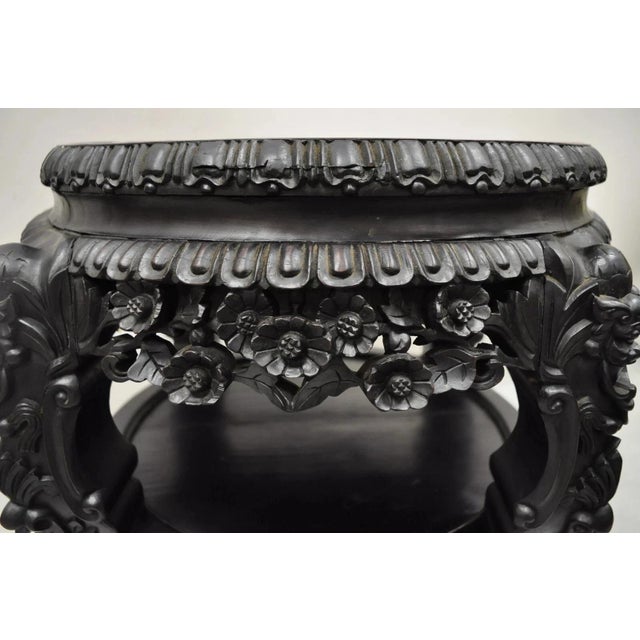 Chinoiserie Antique Oriental Chinese Carved Hardwood Marble Top Foo Dog Side Table For Sale - Image 3 of 11