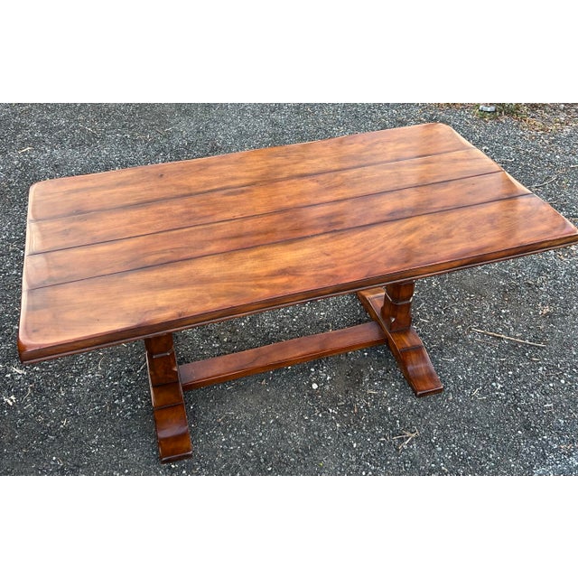 Beautiful solid cherry trestle dining table from iconic ABC Carpet & Home of New York City. Thick plank style top...