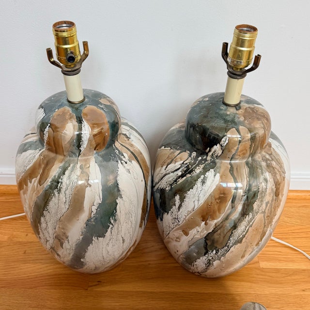 Glass Pair of Vintage Marbled Glaze Table Lamps in Sage, Cream & Taupe, Organic Modern - A Pair For Sale - Image 7 of 8