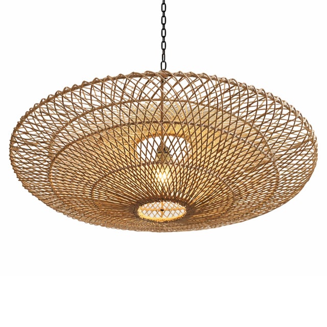 Contemporary Raw Wicker Discus Pendant Light Medium For Sale - Image 3 of 9