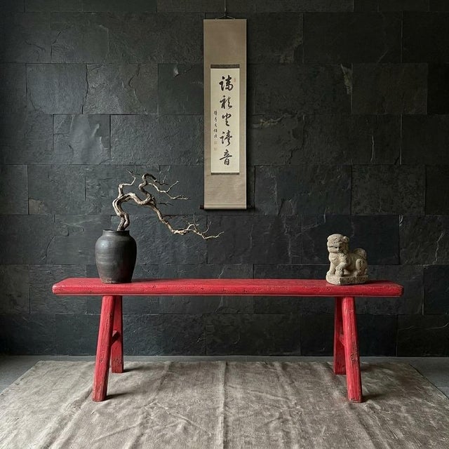 Bright Pink Wood Grain Rectangle Long Slim Stool Bench Side Table For Sale In San Francisco - Image 6 of 10