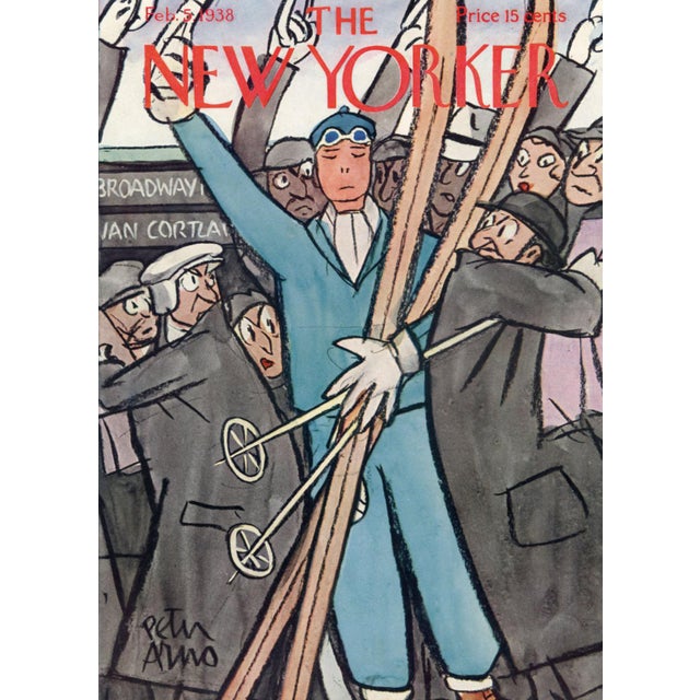Original February 5, 1938 New Yorker magazine cover featuring a "Skiing on the Subway" theme by Peter Arno (1904-1968)....