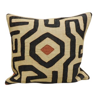 Vintage Kuba Tan and Black Handwoven Patchwork Square African Decorative Pillow For Sale