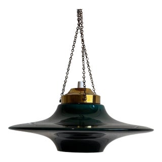 Mid 20th Century Mid-Century Modern Green Glass and Brass Pendant Ceiling Light For Sale