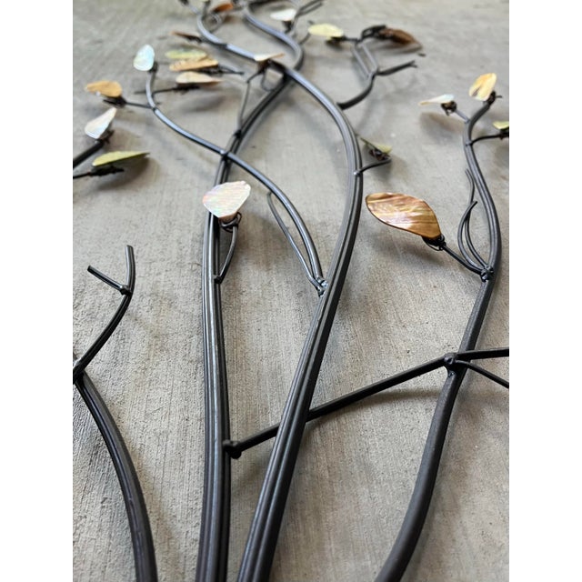 Brown Curtis Jere-Style Wrought Iron Mother of Pearl Leaves Branches Wall Hanging For Sale - Image 8 of 12