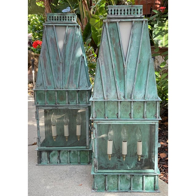 Elevate your home’s exterior with this exceptional pair of vintage, oversized wall-mounted lanterns. These lanterns are a...