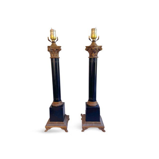 Stiffel Vintage Stiffel Neoclassical Column Black & Gilt Column Table Lamps - a Pair For Sale - Image 4 of 12