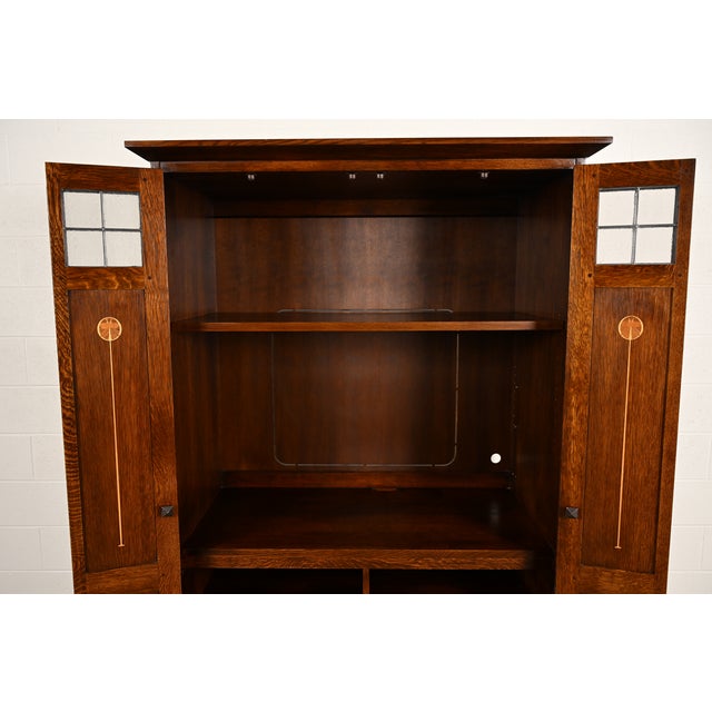 Stickley Harvey Ellis Collection Mission Arts & Crafts Inlaid Oak and Leaded Glass Armoire or Media Cabinet For Sale In South Bend - Image 6 of 17