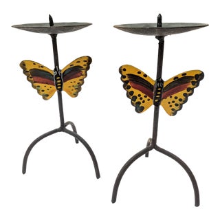 Vintage Handpainted Tole Monarch Butterfly Candle Holders- a Pair For Sale