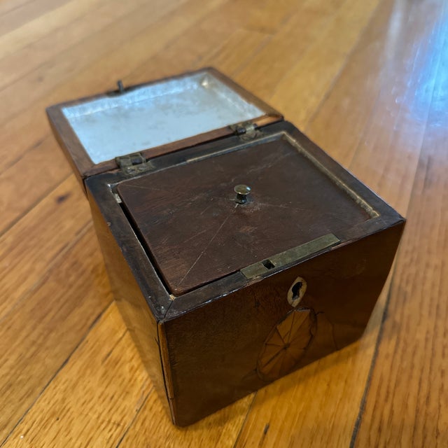 Late 20th Century Antique Wooden Inlaid Tea Caddy / Lock Box Small Lid, Lined For Sale - Image 5 of 11
