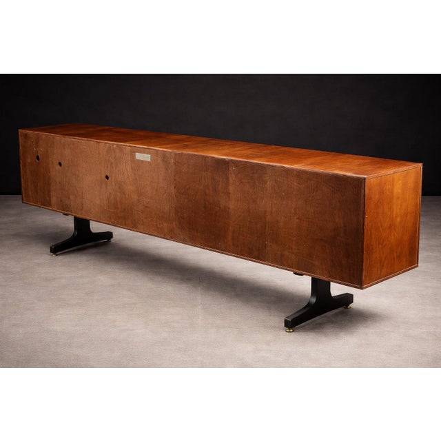 Cimo Brazilian Rosewood Credenza with Ebony-Finished Legs and Brass Hardware, Brazil, 1960s — Architectural Storage with Eight Compartments - Lot 319 For Sale In New York - Image 6 of 17