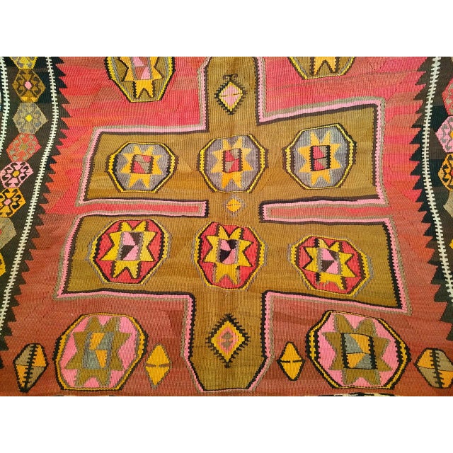 Vintage Anatolian Turkish Kilim Gallery Rug, Flat-Woven Geometric Pattern, Pink & Yellow, 5x13 For Sale - Image 11 of 14