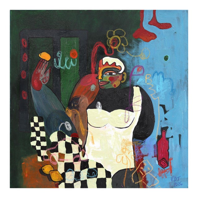 Rainy Apartment - Original Figurative Cubist Mixed Media Painting on Canvas by Valerie Etitinwo For Sale