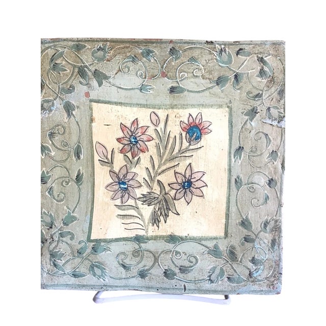 Green Vintage Artisan Hand Painted Green Floral Old World Terracotta Clay Square Tile For Sale - Image 8 of 10