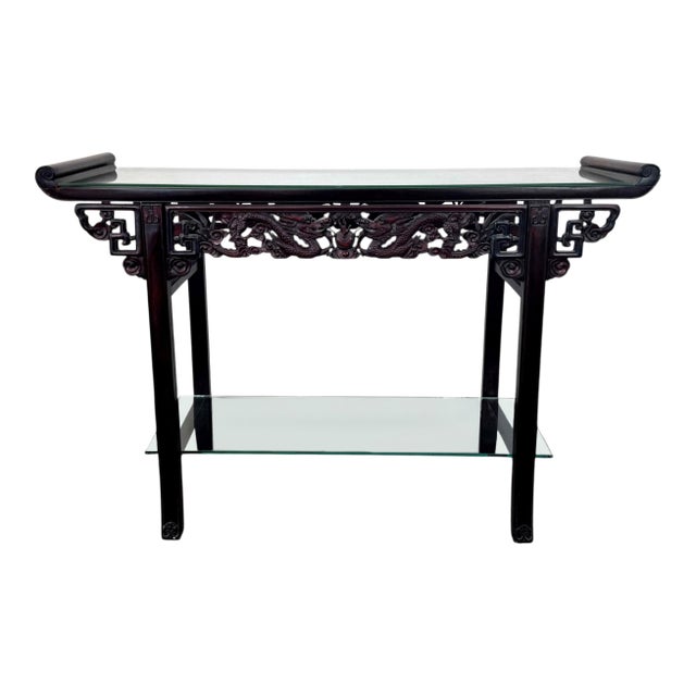 Vintage Carved Wood Altar or Console Table With Glass Shelf For Sale