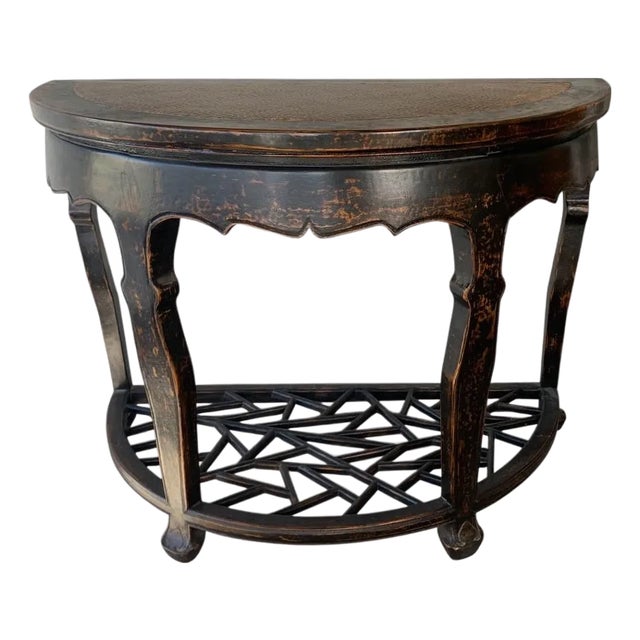 Early 20th Century Chinese Carved Wood Demi-Lune Console Table With Lattice Shelf For Sale