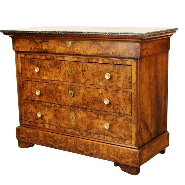French Louis Philippe Burled Walnut Commode With Marble Top For Sale In Birmingham - Image 6 of 7
