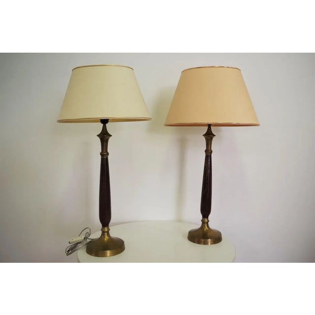 Mahogany, Brass & Cotton Hats Tale Lamps from Abat Jour, 1950s, Set of 2 For Sale - Image 14 of 18