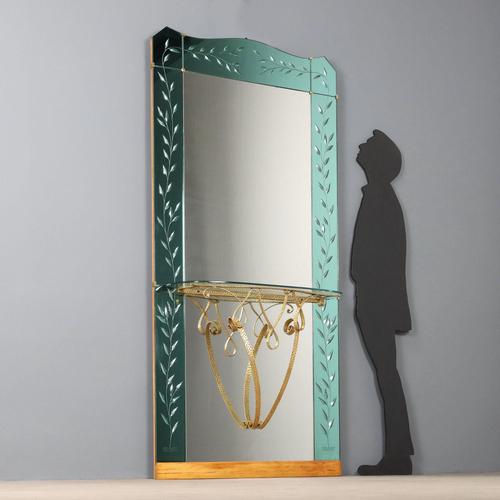 Large mirror with console table with clear glass top and brass-plated wrought iron, also features a mirrored glass frame...