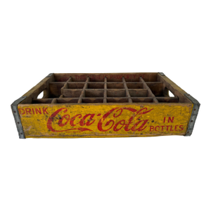 1960s Coca-Cola Wooden Bottle Crate With Yellow Paint and Metal Reinforcements