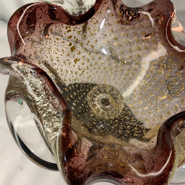 Vintage Venetian Murano Art Glass Compote Pedestal Bowl Gold Fleck and Bullicante For Sale In Chicago - Image 6 of 9