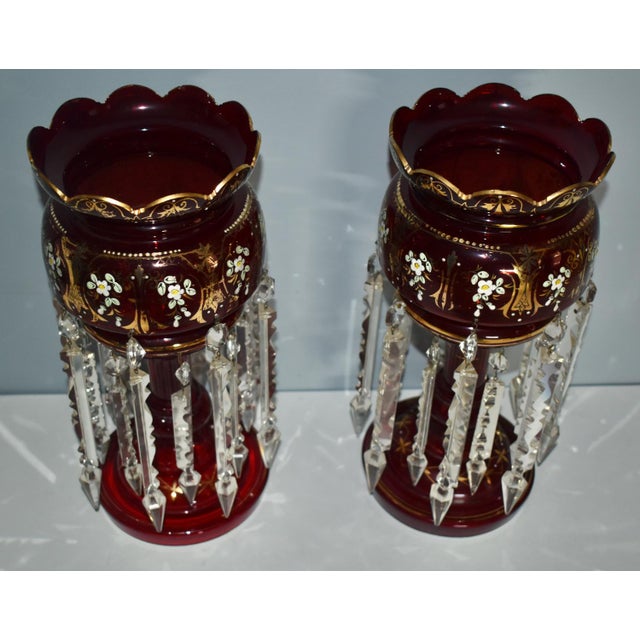 Gemstone Antique Victorian Bohemian Pair of Cranberry/Ruby Glass Mantel Lusters For Sale - Image 7 of 12