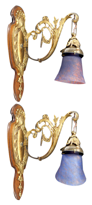 Louis XV Wall Sconces in Walnut Bases and Glass Tulips, 1890s, Set of 2