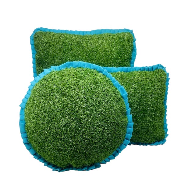2020s Custom Handcrafted Artificial Turf Lumbar Pillow With Turquoise Ruffle - Small Round For Sale - Image 5 of 8