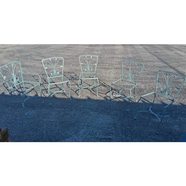 Mid-Century Modern Set of 5 Vintage Wrought Iron Patio Chairs in Aqua Blue For Sale - Image 3 of 7