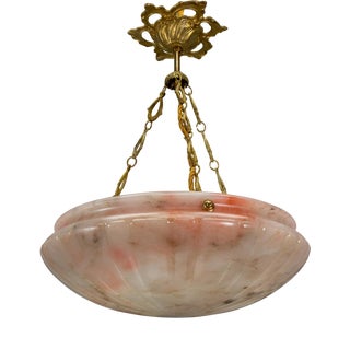 Art Deco French Pink and Gray Alabaster and Bronze Pendant Light, 1920s For Sale