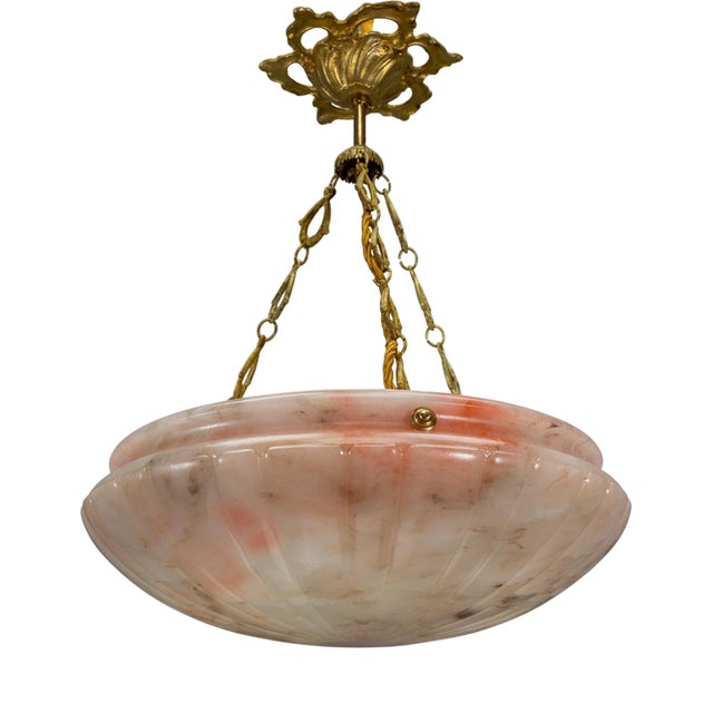 Art Deco French Pink and Gray Alabaster and Bronze Pendant Light, 1920s For Sale