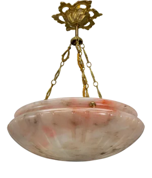 Art Deco French Pink and Gray Alabaster and Bronze Pendant Light, 1920s
