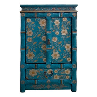 Distressed Teal Green Golden Floral Graphic Side End Table Nightstand For Sale
