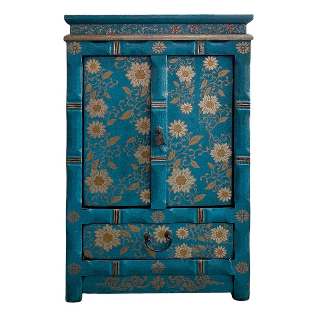 Distressed Teal Green Golden Floral Graphic Side End Table Nightstand For Sale