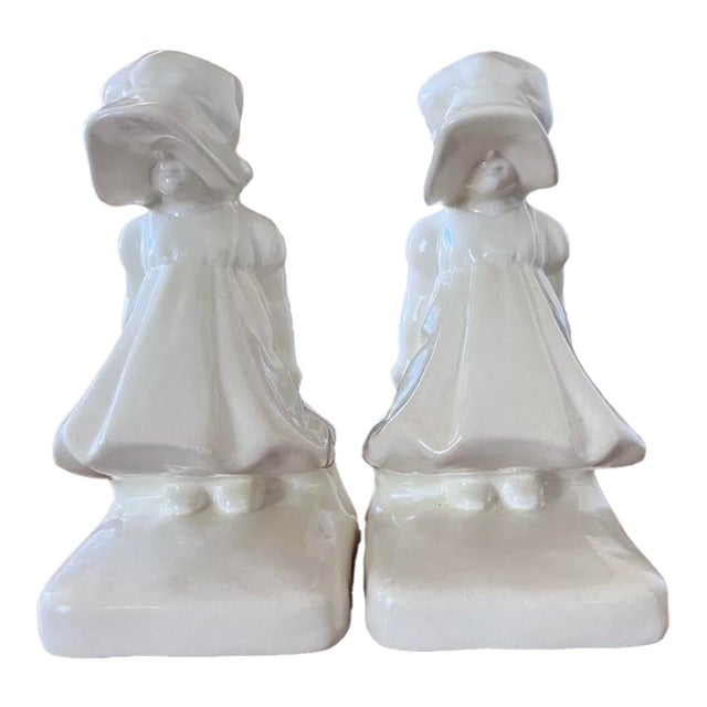 Pair of 1929 Cowan Art Pottery Bonnet Girl Bookends #521 For Sale