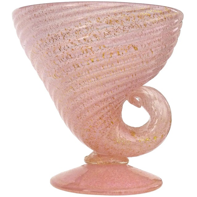 Glass Vintage Murano Barovier Toso Pink Gold Flecks Italian Art Glass Seashell Horn of Plenty Shape Footed Candy Dish Bowl For Sale - Image 7 of 7