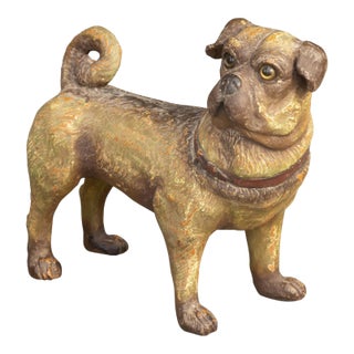Vintage English Standing Pug Composition Sculpture with Glass Eyes and Collar For Sale