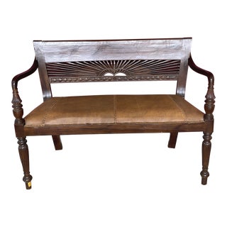 Carved Bench With Leather Seat For Sale