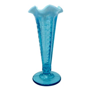 Antique Eapg National Glass #617 Concave Columns Blue Opalescent Bud Vase For Sale