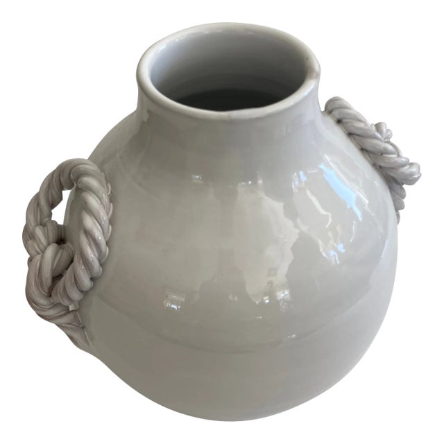 White Glazed Ceramic Vase With Braided Handles For Sale